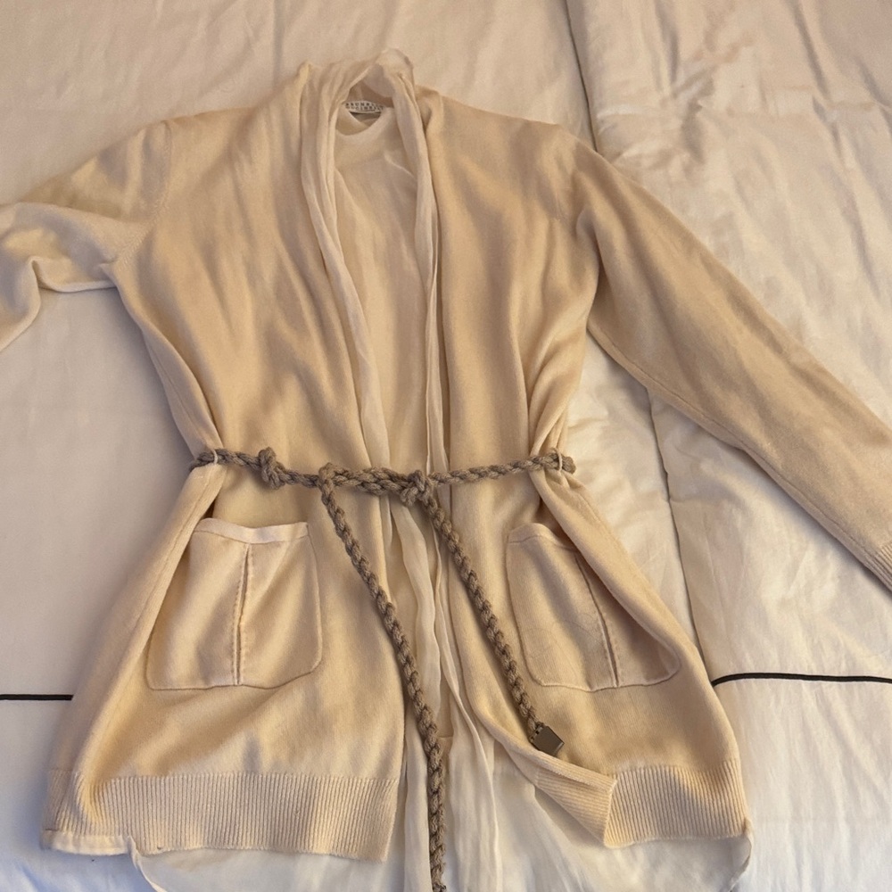 Brunello Cucinelli Cream Cardigan with Braided Belt